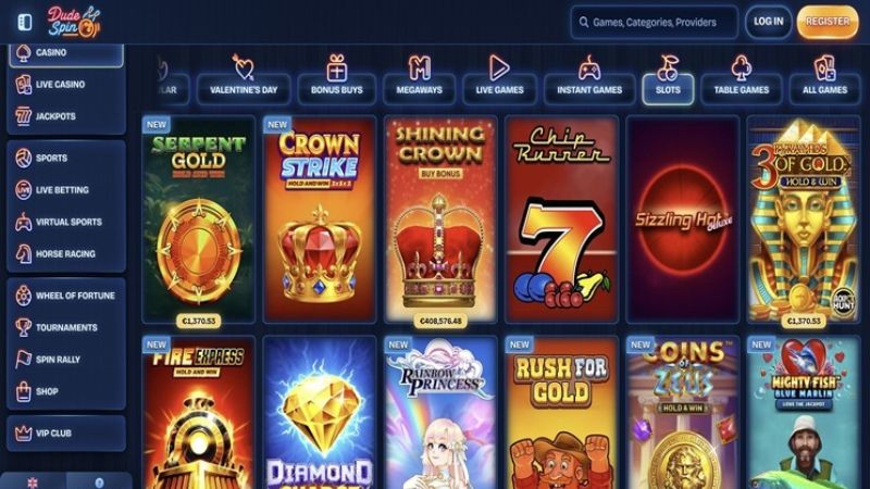 DudeSpin Casino showing extensive pokies collection